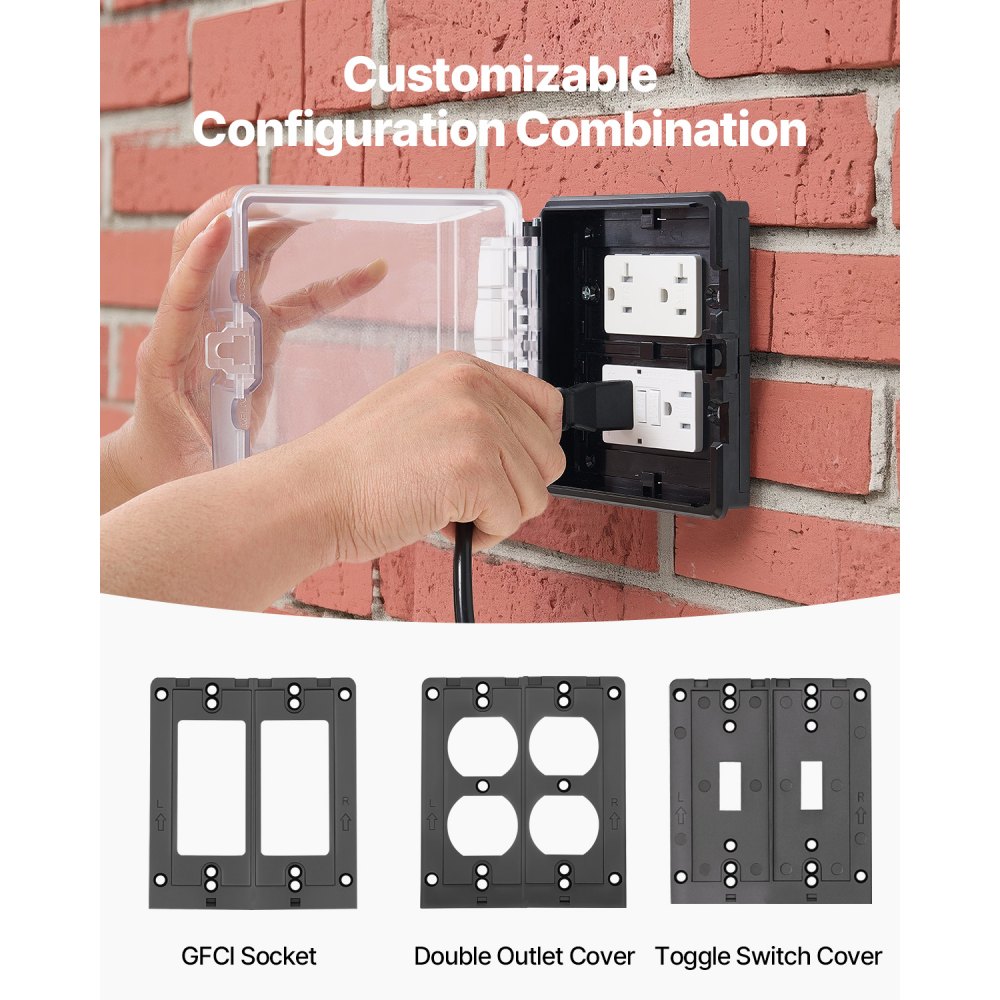 VEVOR Outdoor Outlet Cover, 2-Gang Weatherproof Electrical Outlet Cover with Lockable Design, High-Strength PC Material, 12-in-1 Outside Receptacle Socket, Horizontal/Vertical for Easy Installation
