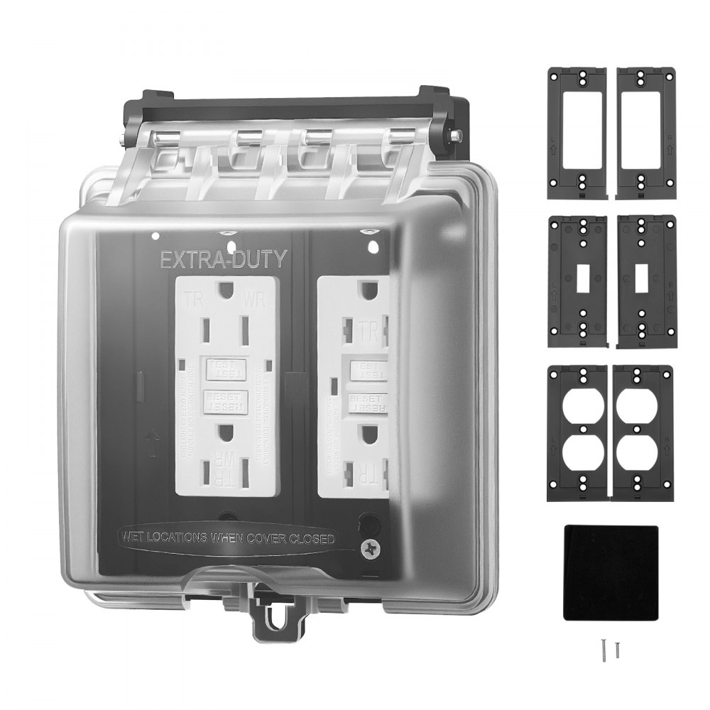 VEVOR Outdoor Outlet Cover, 2-Gang Weatherproof Electrical Outlet Cover with Lockable Design, High-Strength PC Material, 12-in-1 Outside Receptacle Socket, Horizontal/Vertical for Easy Installation