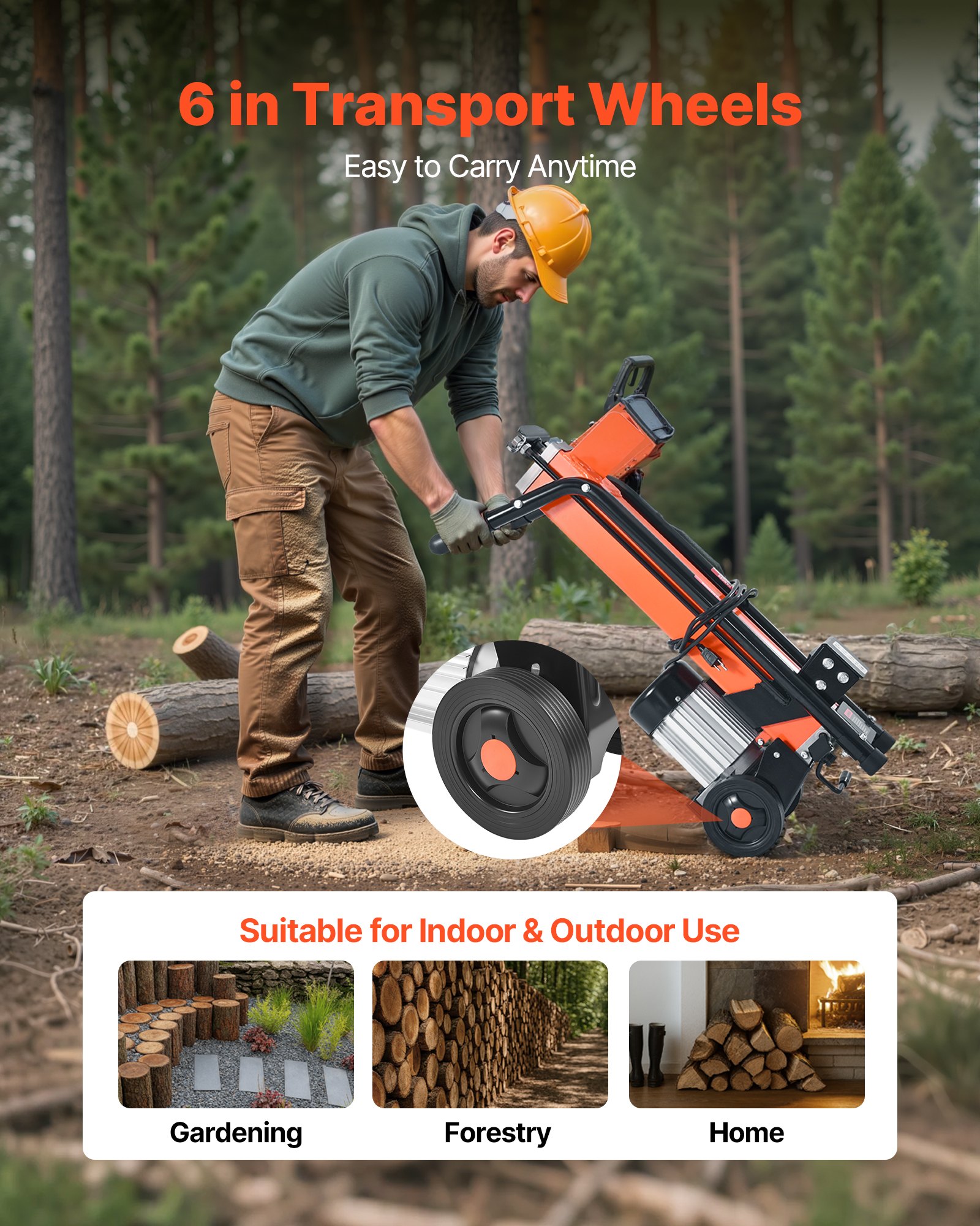 VEVOR Electric Log Splitter, 6.5 Tons Electric Wood Splitter, 1500W 15 Amp Motor, Portable Firewood Splitting Machine with 6" Wheels, Wood Splitters for Forestry Harvesting, Efficient & Secure