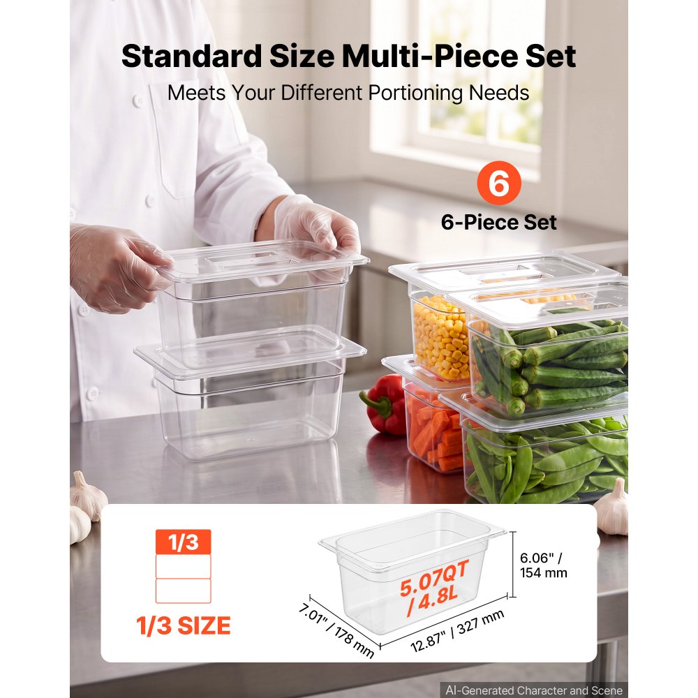 VEVOR 6-Pack Polycarbonate Food Pans, 1/3 Size, 6" Deep, with Lid, Clear, for Restaurants, Buffets and Salad Bars, Commercial Food Storage Containers, Dishwasher Compatible, Stackable, Scale Markings