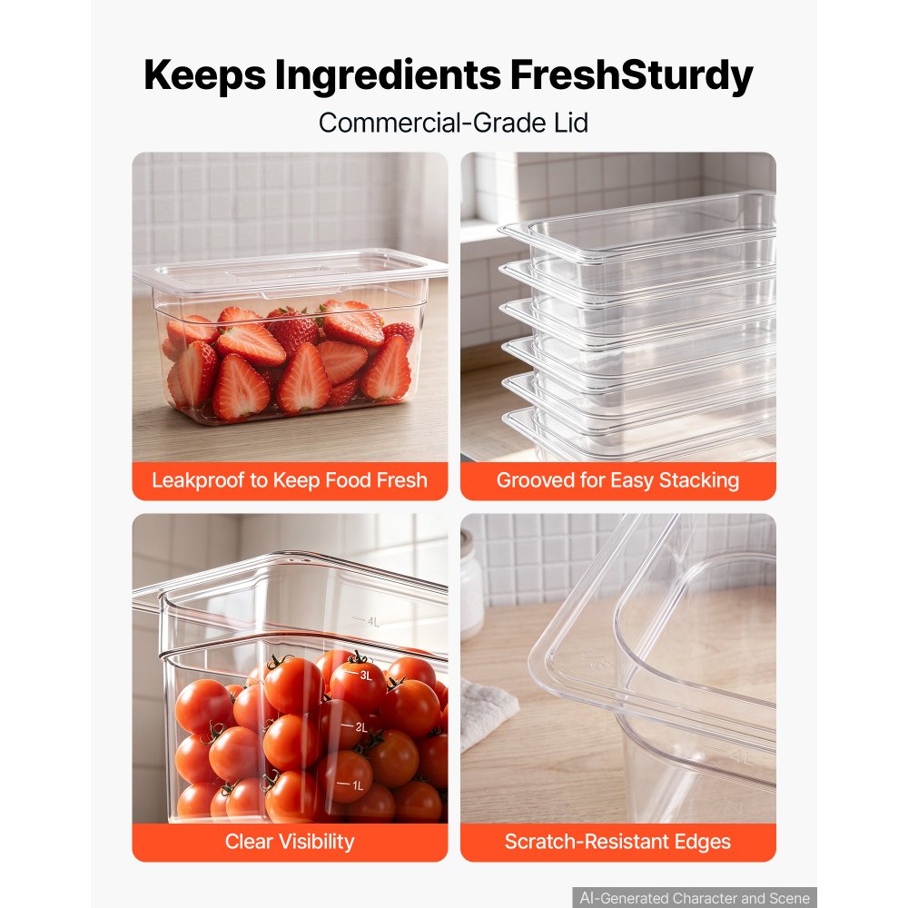 VEVOR 6-Pack Polycarbonate Food Pans, 1/3 Size, 6" Deep, with Lid, Clear, for Restaurants, Buffets and Salad Bars, Commercial Food Storage Containers, Dishwasher Compatible, Stackable, Scale Markings