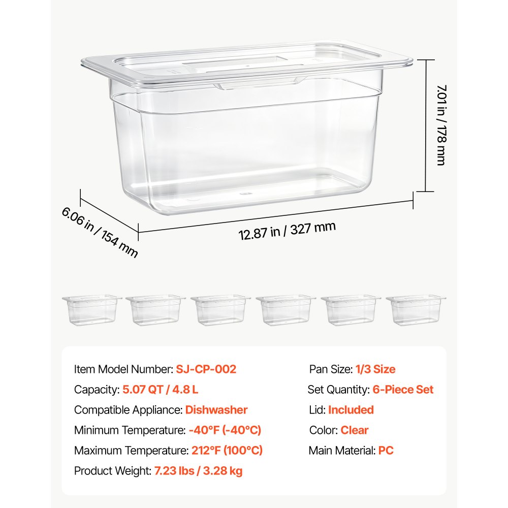 VEVOR 6-Pack Polycarbonate Food Pans, 1/3 Size, 6" Deep, with Lid, Clear, for Restaurants, Buffets and Salad Bars, Commercial Food Storage Containers, Dishwasher Compatible, Stackable, Scale Markings