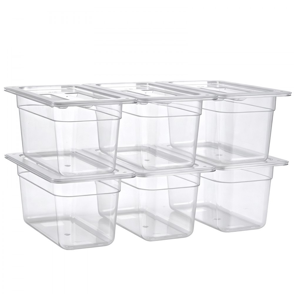 VEVOR 6-Pack Polycarbonate Food Pans, 1/3 Size, 6" Deep, with Lid, Clear, for Restaurants, Buffets and Salad Bars, Commercial Food Storage Containers, Dishwasher Compatible, Stackable, Scale Markings