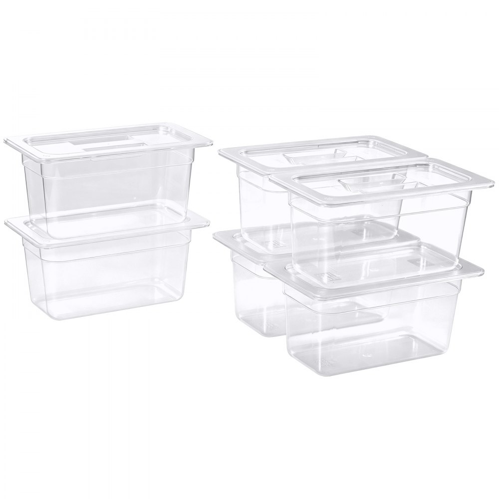 VEVOR 6-Pack Polycarbonate Food Pans, 1/3 Size, 6" Deep, with Lid, Clear, for Restaurants, Buffets and Salad Bars, Commercial Food Storage Containers, Dishwasher Compatible, Stackable, Scale Markings