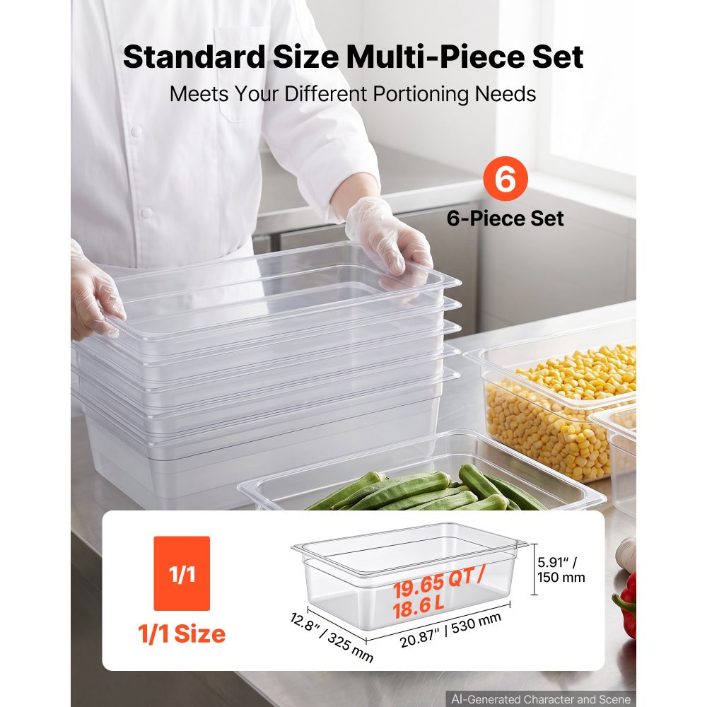 VEVOR Paquete de 6 bandejas de policarbonato para alimentos, tamaño completo, 15 cm de profundidad, transparentes, mesa de preparación para restaurantes, bufés, barras de ensaladas, contenedores comerciales para almacenamiento de alimentos, aptas para lavavajillas, apilables, con marcas de escala.