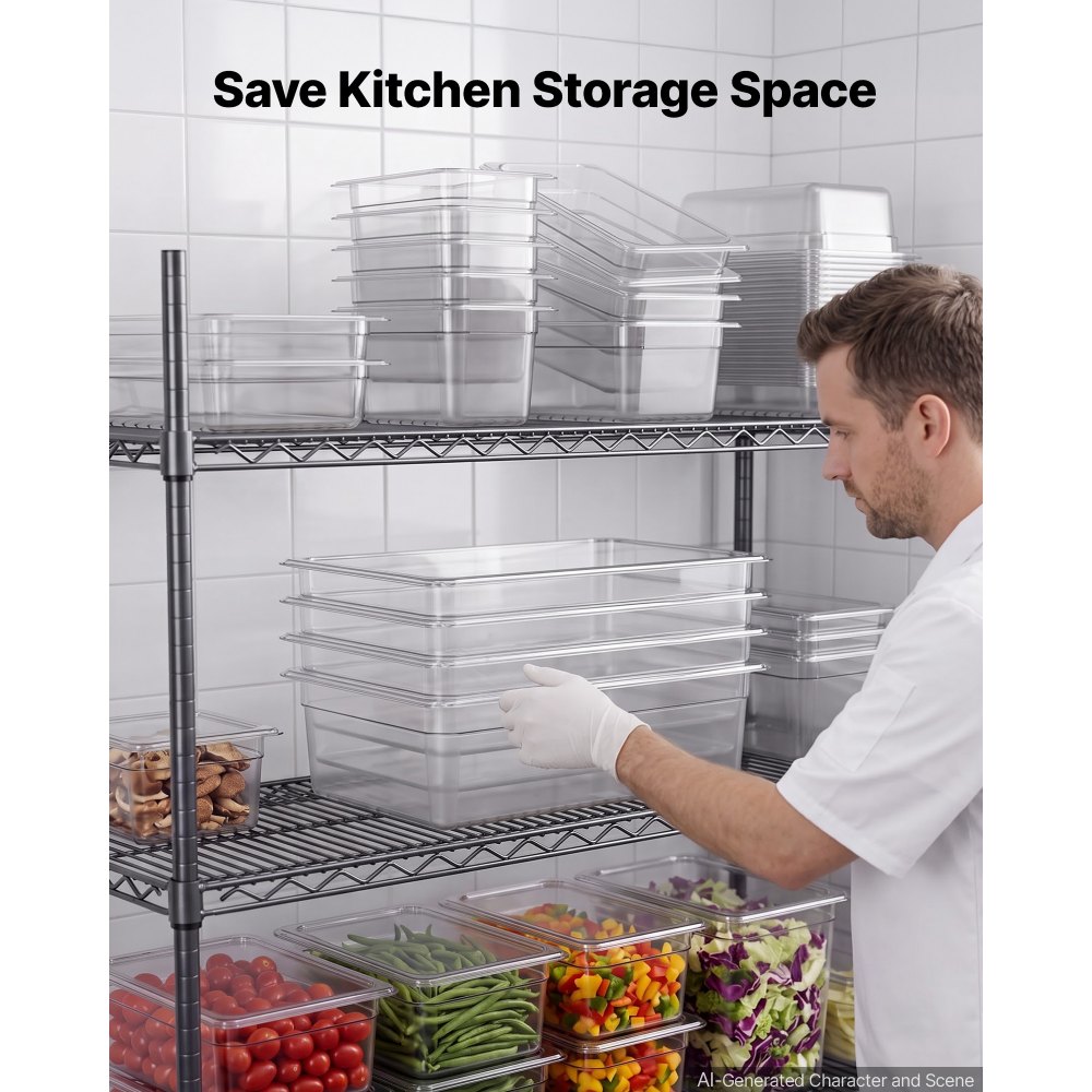 VEVOR Paquete de 6 bandejas de policarbonato para alimentos, tamaño completo, 15 cm de profundidad, transparentes, mesa de preparación para restaurantes, bufés, barras de ensaladas, contenedores comerciales para almacenamiento de alimentos, aptas para lavavajillas, apilables, con marcas de escala.