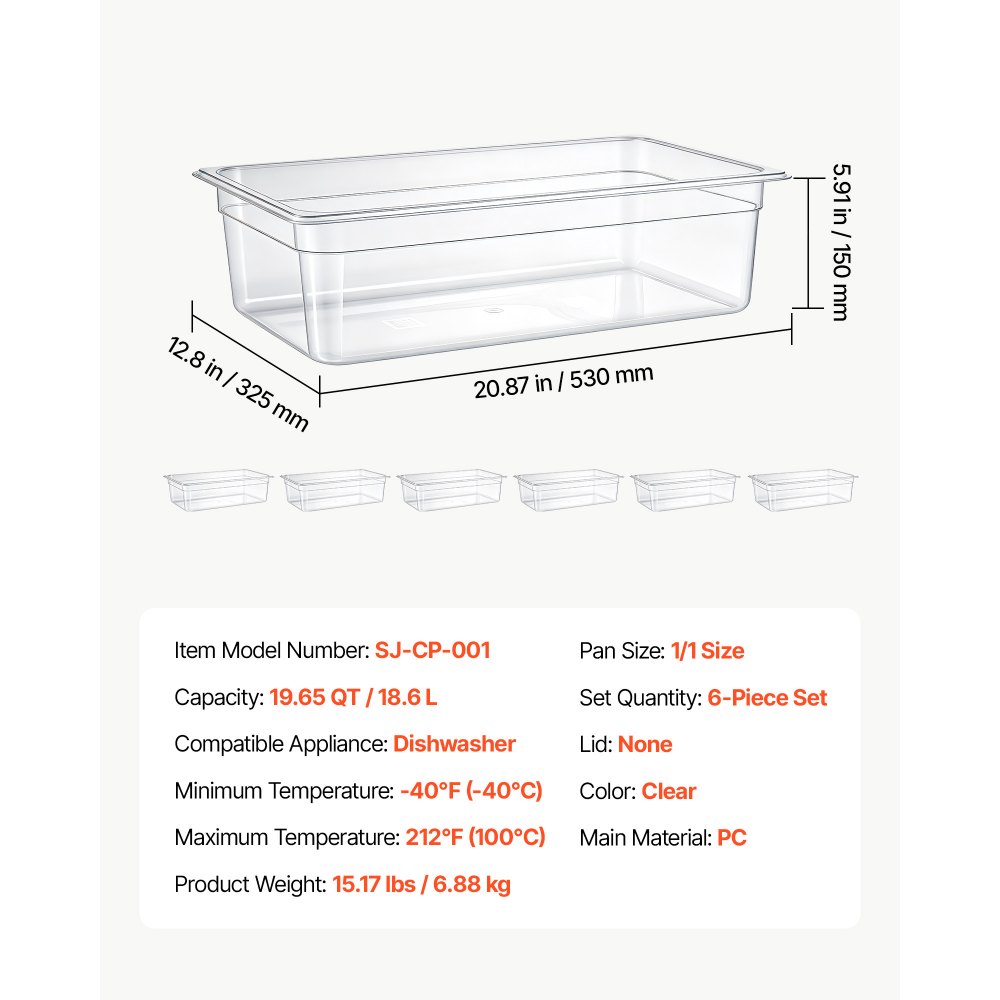 VEVOR Paquete de 6 bandejas de policarbonato para alimentos, tamaño completo, 15 cm de profundidad, transparentes, mesa de preparación para restaurantes, bufés, barras de ensaladas, contenedores comerciales para almacenamiento de alimentos, aptas para lavavajillas, apilables, con marcas de escala.