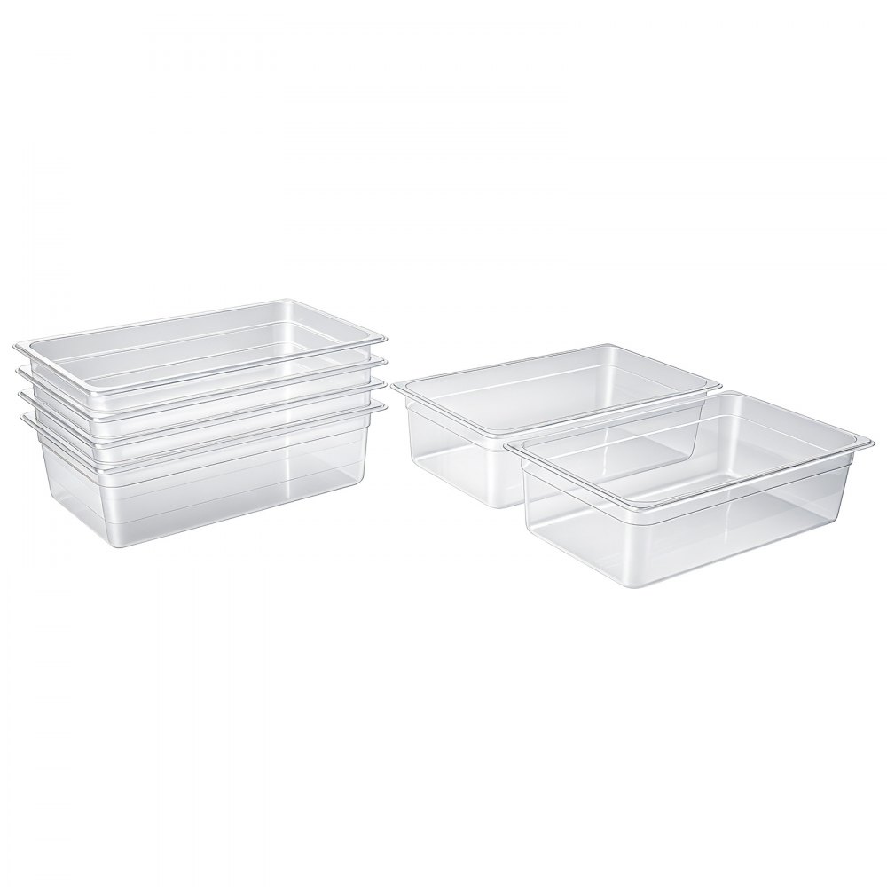 VEVOR Paquete de 6 bandejas de policarbonato para alimentos, tamaño completo, 15 cm de profundidad, transparentes, mesa de preparación para restaurantes, bufés, barras de ensaladas, contenedores comerciales para almacenamiento de alimentos, aptas para lavavajillas, apilables, con marcas de escala.