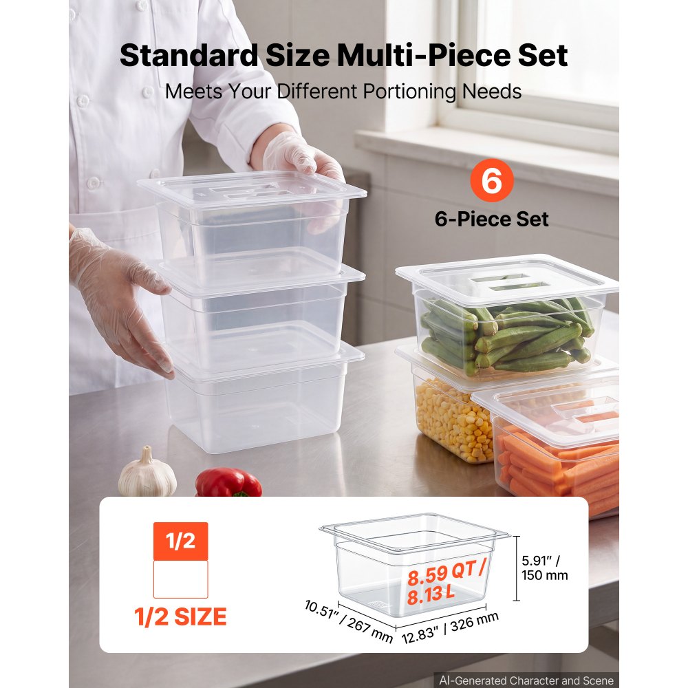 VEVOR 6-Pack Polycarbonate Food Pans, 1/2 Size, 6" Deep, with Lid, Clear, for Restaurants, Buffets and Salad Bars, Commercial Food Storage Containers, Dishwasher Compatible, Stackable, Scale Markings
