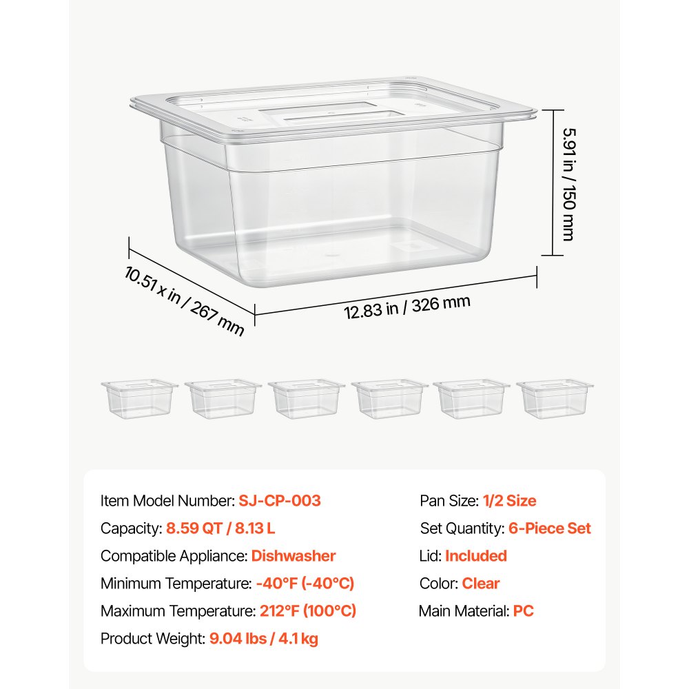 VEVOR 6-Pack Polycarbonate Food Pans, 1/2 Size, 6" Deep, with Lid, Clear, for Restaurants, Buffets and Salad Bars, Commercial Food Storage Containers, Dishwasher Compatible, Stackable, Scale Markings