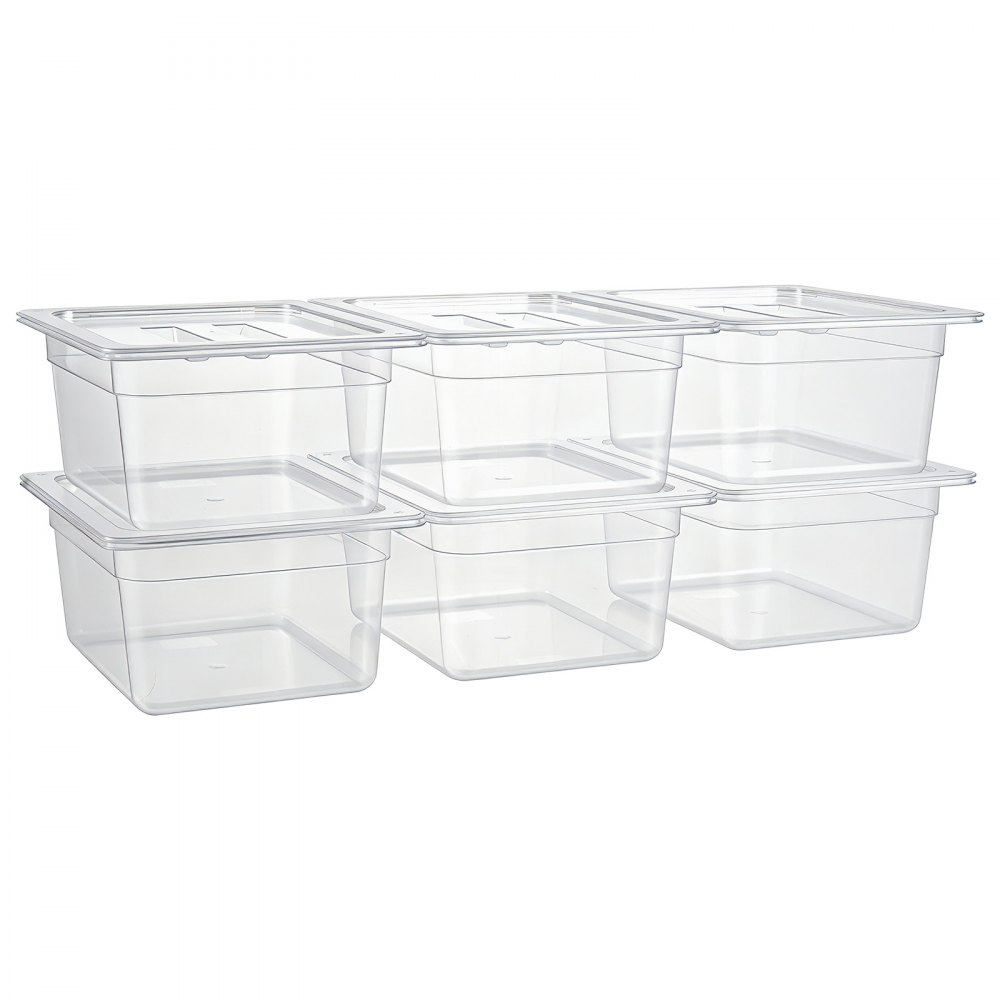 VEVOR 6-Pack Polycarbonate Food Pans, 1/2 Size, 6" Deep, with Lid, Clear, for Restaurants, Buffets and Salad Bars, Commercial Food Storage Containers, Dishwasher Compatible, Stackable, Scale Markings