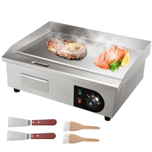 VEVOR Commercial Electric Griddle, 21", 1600W Countertop Flat Top Grill, Stainless Steel Teppanyaki Grill with Non Stick Iron Cooking Plate, 122-572℉ Adjustable Temp Control 2 Shovels & Brushes, 110V