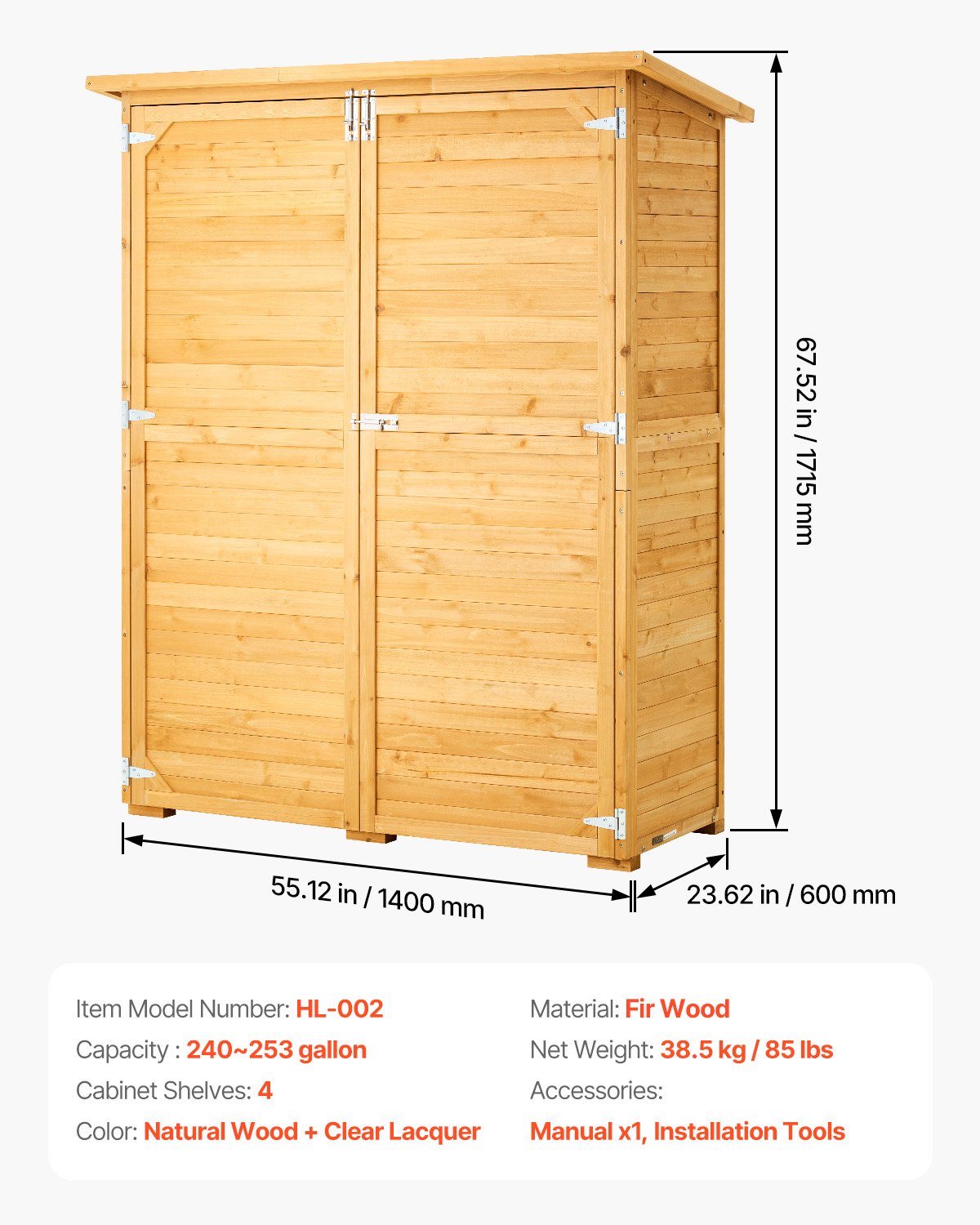 VEVOR Outdoor Storage Shed, Large Wooden Outside Storage Cabinet with Waterproof Roof and Metal Frame, Double Lockable Doors Garden Tool Shed Storage House Cabinet with Shelves & Floor, 55"x67.5"
