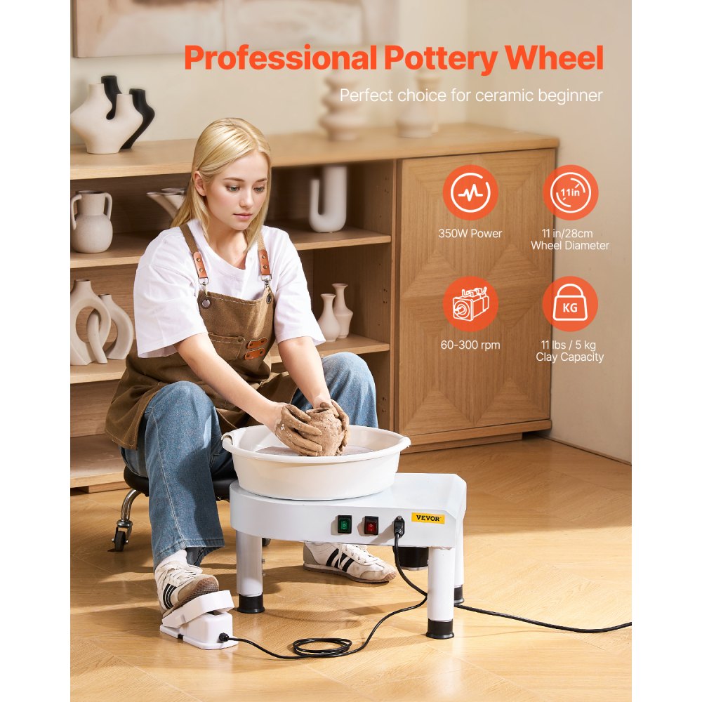 VEVOR Pottery Wheel, 28 cm Ceramic Wheel Forming Machine, 60-300 RPM Speed Adjustable Foot Pedal, Adjustable Lift Leg, Detachable Basin, Complete Tool Accessory Kit for Work Art Craft DIY, White