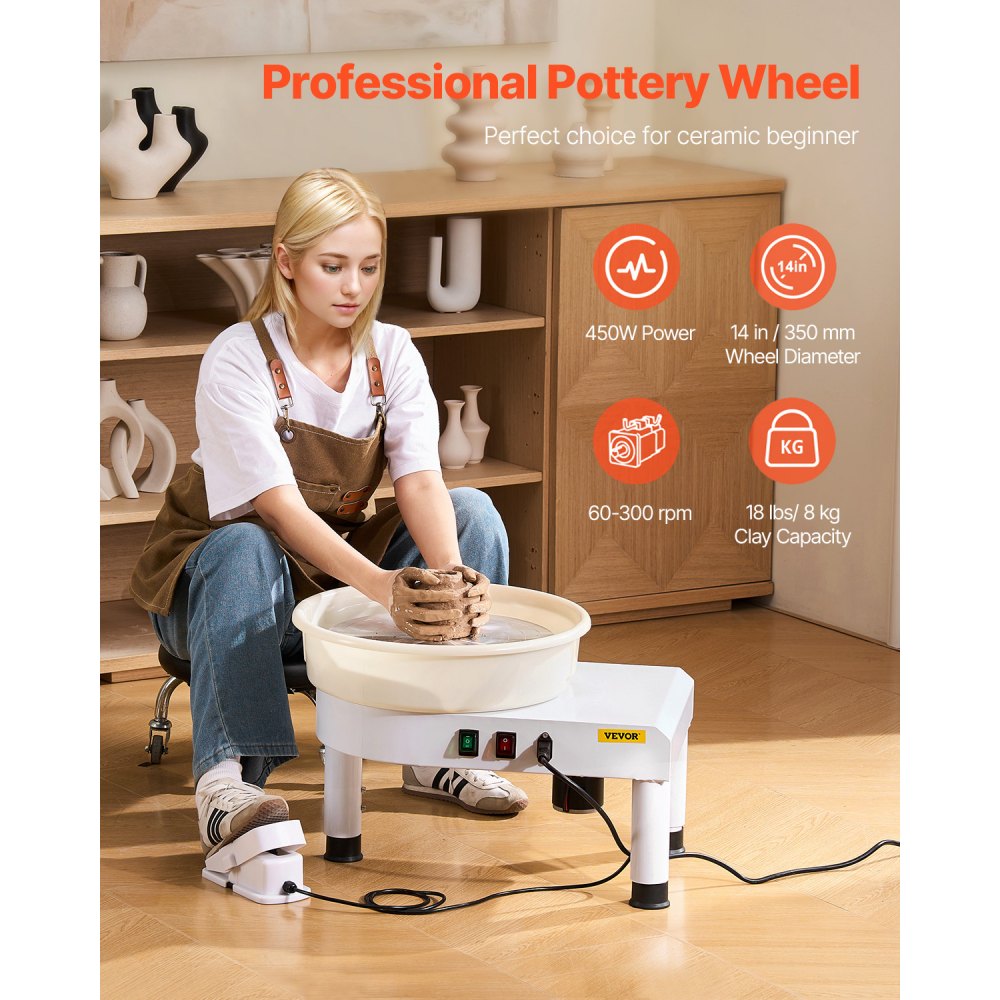VEVOR Pottery Wheel, 14 in Ceramic Wheel Forming Machine, 60-300 RPM Adjustable Speed with Foot Pedal Control, Detachable Basin, Adjustable Lift Leg, Complete Accessories for Home Pottery, DIY, White