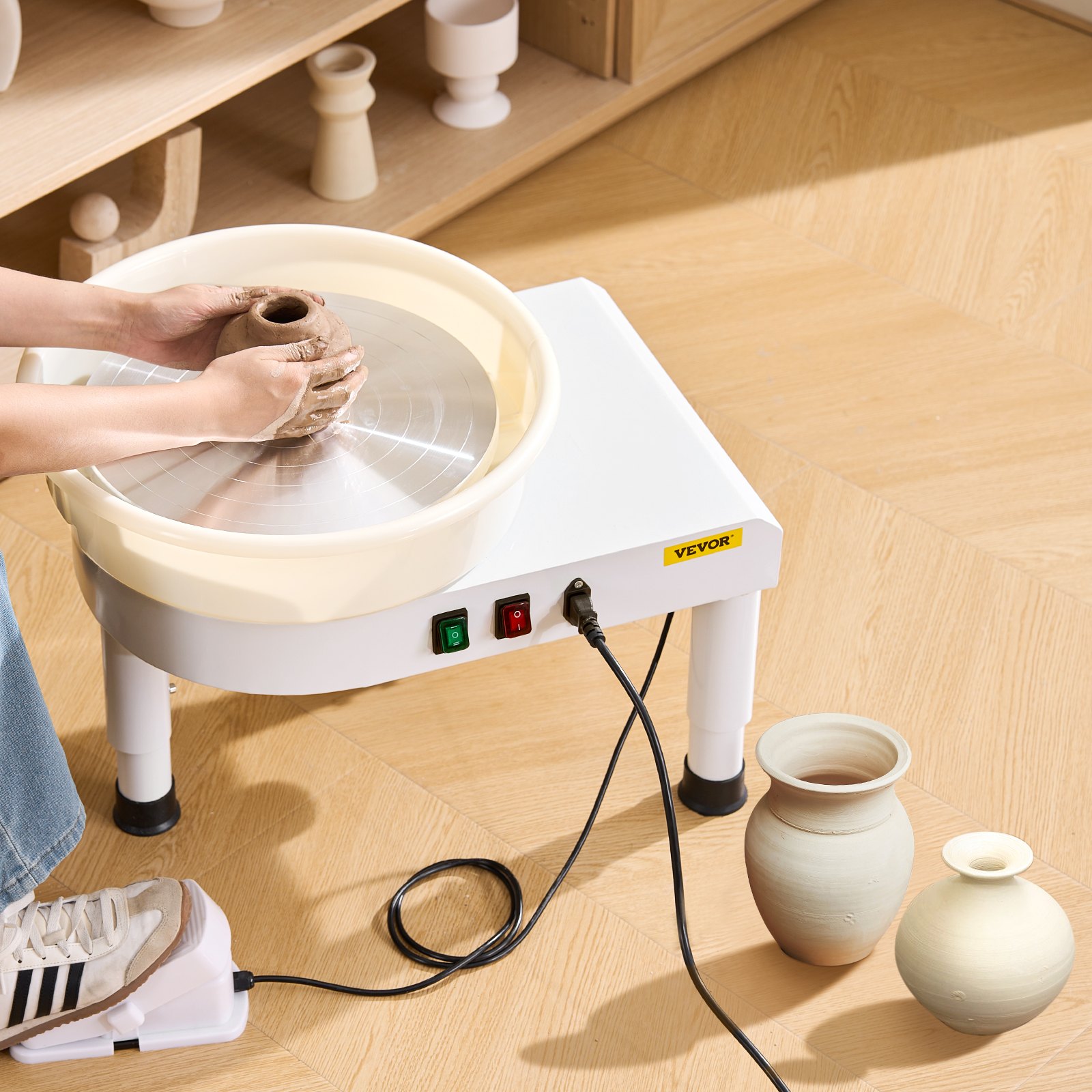 VEVOR Pottery Wheel, 14 in Ceramic Wheel Forming Machine, 60-300 RPM Adjustable Speed with Foot Pedal Control, Detachable Basin, Adjustable Lift Leg, Complete Accessories for Home Pottery, DIY, White
