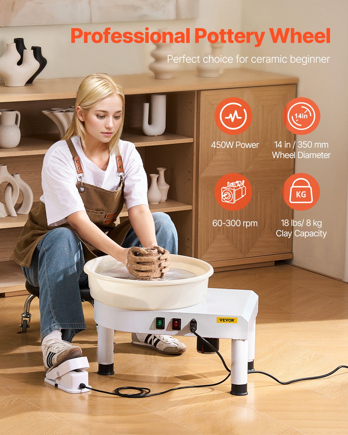 VEVOR Pottery Wheel, 36cm Ceramic Wheel Forming Machine, 60-300 RPM Adjustable Speed with Foot Pedal Control, Detachable Basin, Adjustable Lift Leg, Complete Accessories for Home Pottery, DIY, White