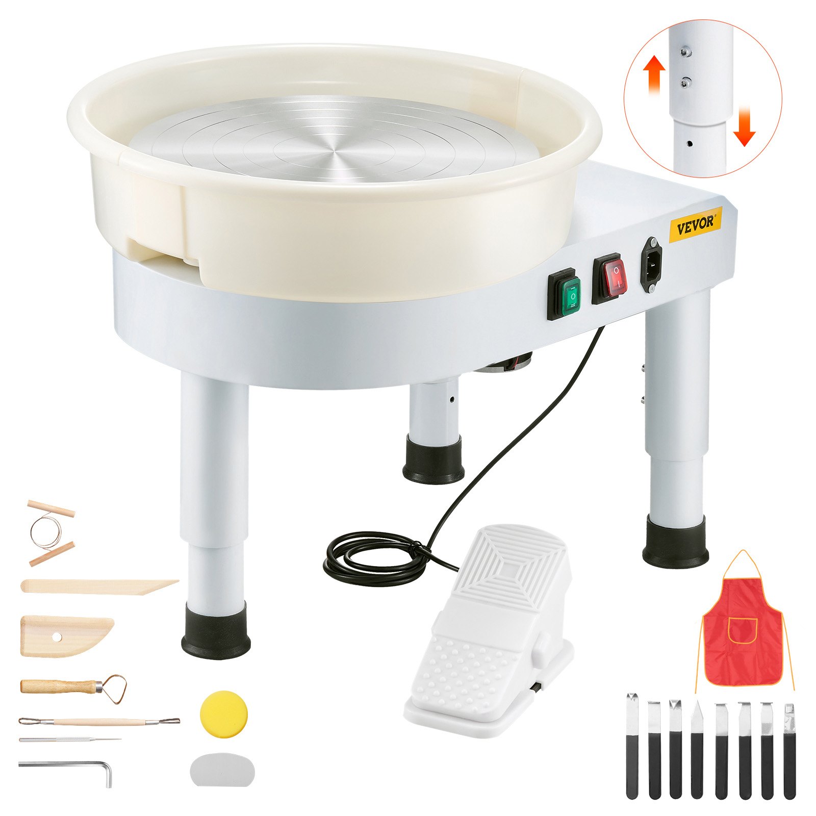 VEVOR Pottery Wheel, 36cm Ceramic Wheel Forming Machine, 60-300 RPM Adjustable Speed with Foot Pedal Control, Detachable Basin, Adjustable Lift Leg, Complete Accessories for Home Pottery, DIY, White