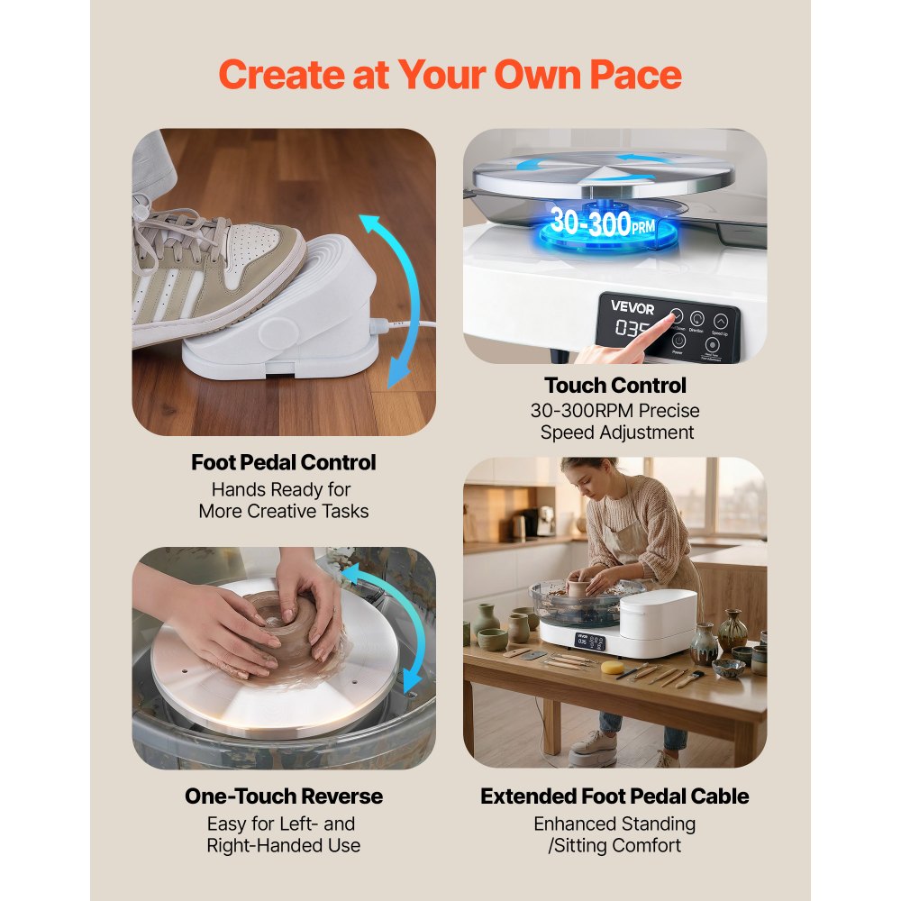 VEVOR Pottery Wheel for Adults, 36 and 28 cm Turntables, 450W Electric Table Top Pottery Wheel with Foot Pedal, 30-300 RPM Adjustable Speed, Aluminum Body, for Beginners, DIY Clay Art Craft, White