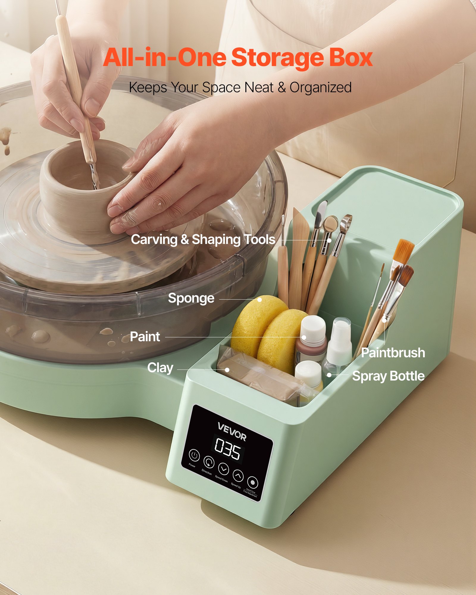 VEVOR Pottery Wheel for Adults, 14" and 11" Turntables, 450W Electric Table Top Pottery Wheel with Foot Pedal, 30-300 RPM Adjustable Speed, Detachable Basin, for Beginners, DIY Clay Art Craft, Green