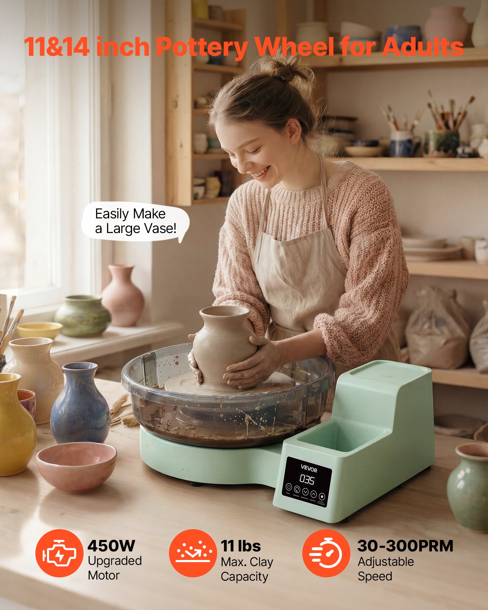 VEVOR Pottery Wheel for Adults, 36 and 28 cm Turntables, 450W Electric Table Top Pottery Wheel with Foot Pedal, 30-300 RPM Adjustable Speed, Detachable Basin, for Beginners, DIY Clay Art Craft, Green