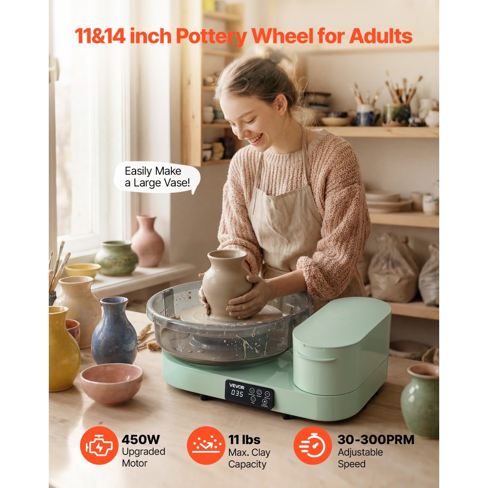VEVOR Pottery Wheel for Adults, 14" and 11" Turntables, 450W Electric Table Top Pottery Wheel with Foot Pedal, 30-300 RPM Adjustable Speed, Aluminum Body, for Beginners, DIY Clay Art Craft, Green