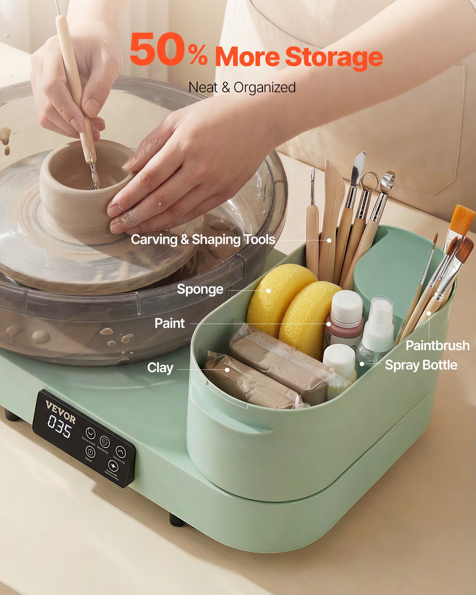 VEVOR Pottery Wheel for Adults, 14" and 11" Turntables, 450W Electric Table Top Pottery Wheel with Foot Pedal, 30-300 RPM Adjustable Speed, Aluminum Body, for Beginners, DIY Clay Art Craft, Green