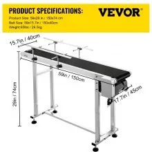 VEVOR Length 59-Inch Belt Conveyor, Width 15.7-Inch PVC Conveyor Belt, Motorized Conveyor Industrial Transport Conveyor, w/Double Guardrails Anti-Static Adjustable Conveyor Table