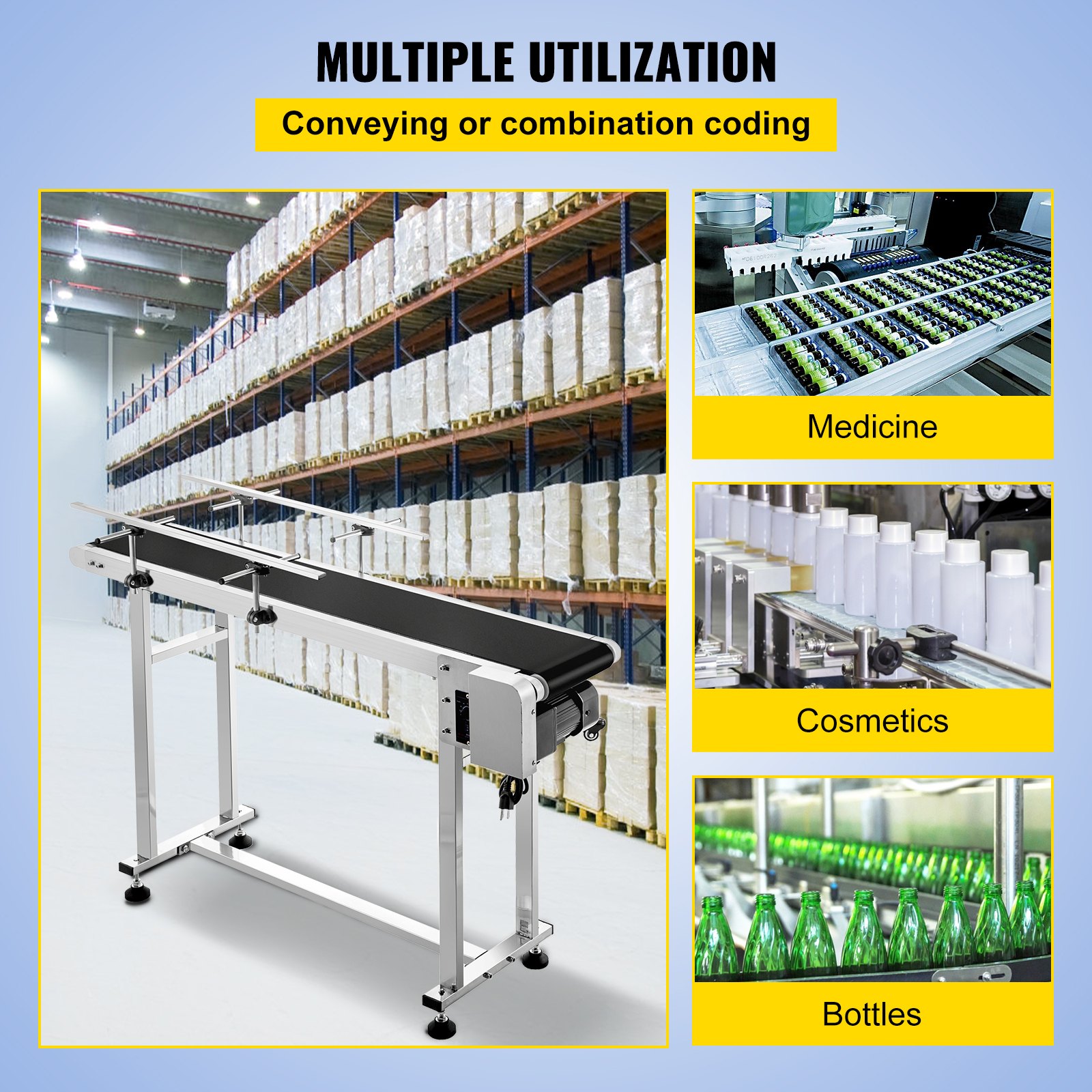 VEVOR Length 59-Inch Belt Conveyor, Width 15.7-Inch PVC Conveyor Belt, Motorized Conveyor Industrial Transport Conveyor, with Double Guardrails Anti-Static Adjustable Conveyor Table