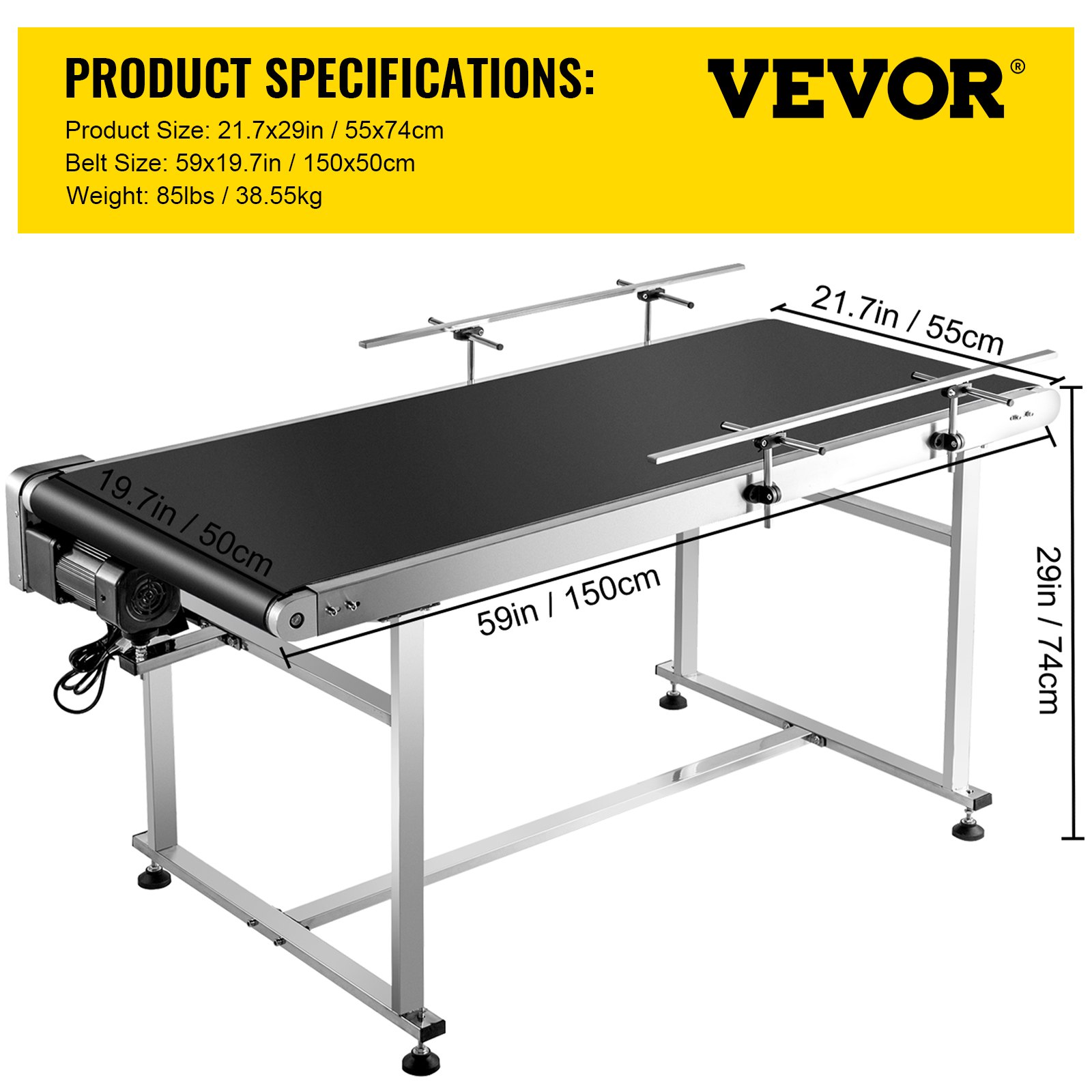 VEVOR Belt Conveyor Length 59-Inch, PVC Conveyor Belt Width 19.7-Inch, Motorized Conveyor Industrial Transport Conveyor with Double Guardrails Anti-static Adjustable Conveyor Table Electric Handling