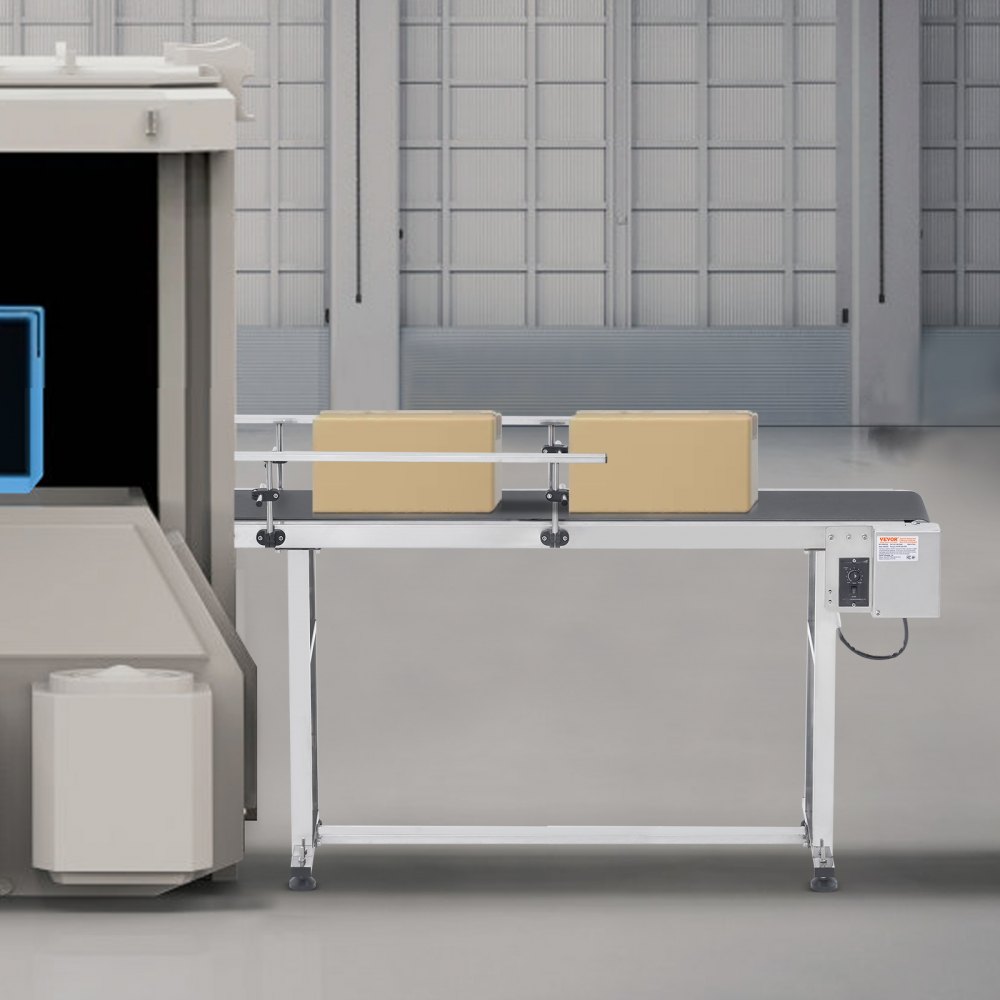 VEVOR båndtransportør, 59 x 15,7 tommer transportørbord, kraftigt rustfrit stål Motoriseret båndtransportør til inkjet-kodningsapplikationer Powered PVC-bælte antistatisk justerbar hastighed (dobbelt autoværn)