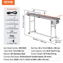 VEVOR Belt Conveyor, 59 x 7.8 inch Conveyor Table, Heavy Duty Stainless Steel Motorized Belt Conveyor for Inkjet Coding Applications Powered PVC Belt Anti-Static Adjustable Speed (Double Guardrail)