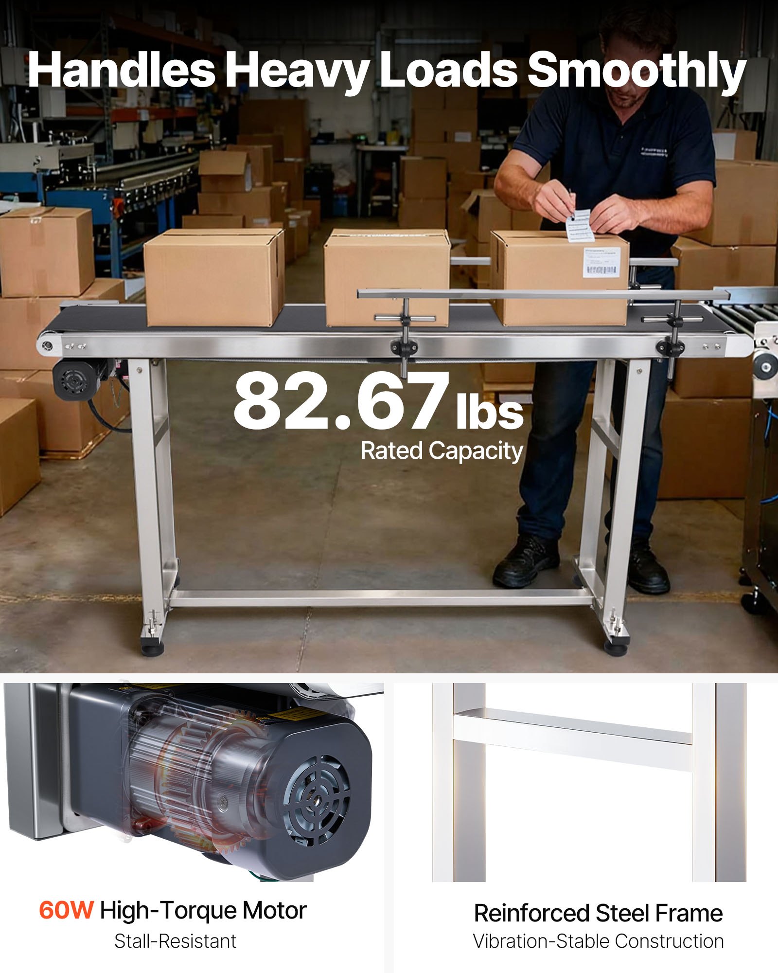 VEVOR Belt Conveyor, 1498.6 x 198.1 mm Conveyor Table Heavy Duty Stainless Steel Motorized Belt Conveyor for Inkjet Coding Applications Powered PVC Belt Anti-Static Adjustable Speed (Double Guardrail)