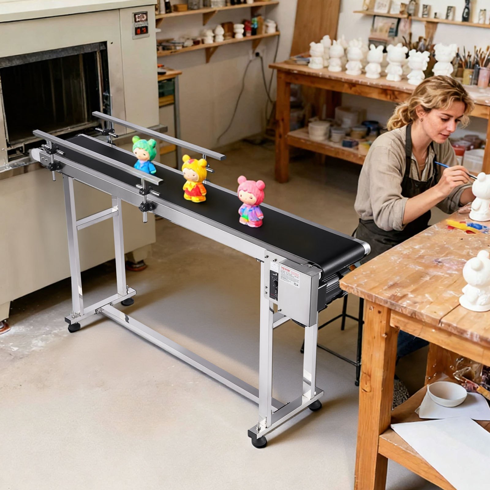 VEVOR Belt Conveyor, 1498.6 x 198.1 mm Conveyor Table Heavy Duty Stainless Steel Motorized Belt Conveyor for Inkjet Coding Applications Powered PVC Belt Anti-Static Adjustable Speed (Double Guardrail)