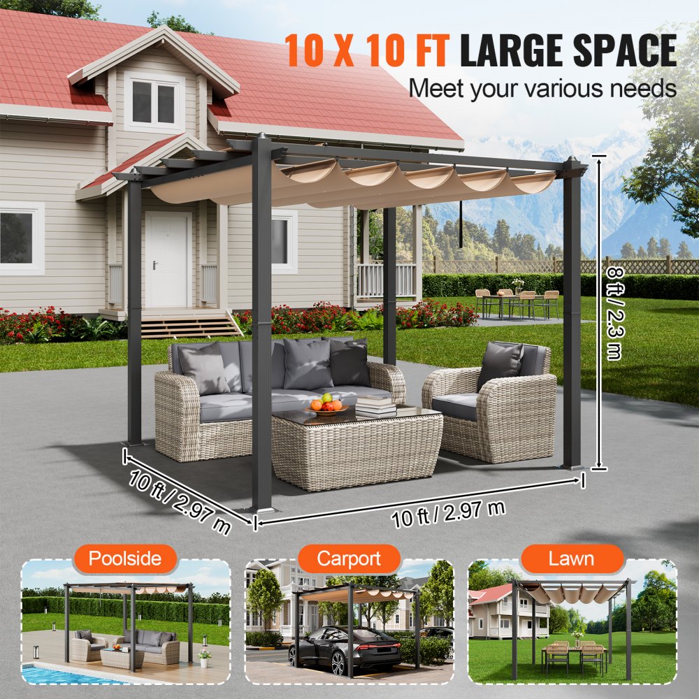 VEVOR 10'x10' Outdoor Retractable Pergola with Canopy, Aluminum Pergola with Retractable Canopy, Modern Pergola with Sun Shade Canopy for Patios, Gardens, Decks, Backyards (Beige)