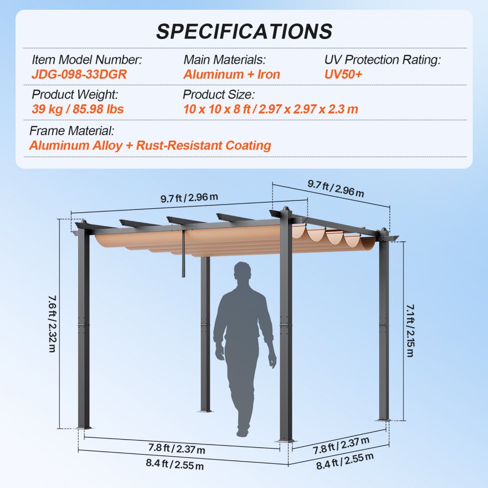 VEVOR 10'x10' Outdoor Retractable Pergola with Canopy, Aluminum Pergola with Retractable Canopy, Modern Pergola with Sun Shade Canopy for Patios, Gardens, Decks, Backyards (Beige)