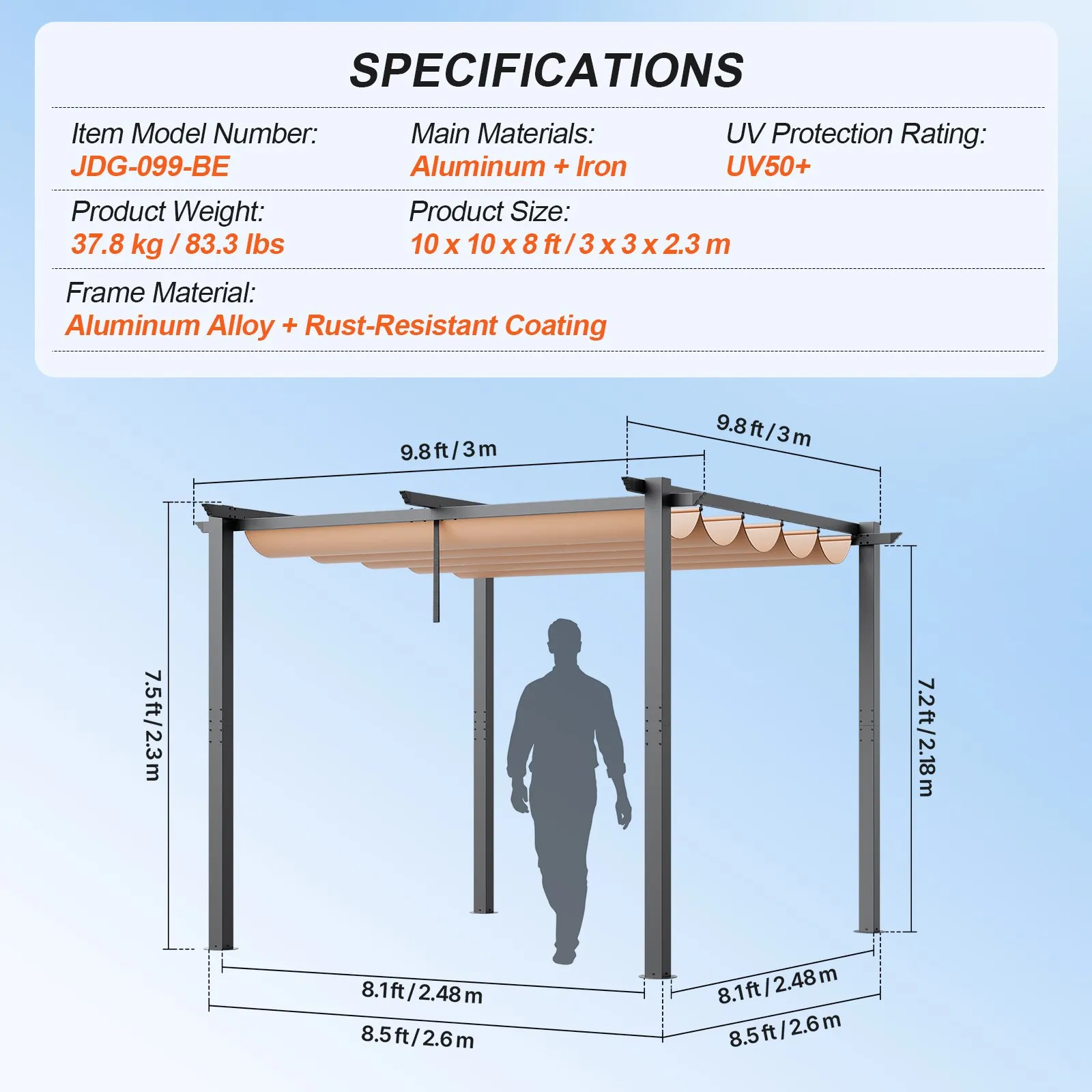 VEVOR 10'x10' Outdoor Retractable Pergola with Sun Shade Canopy Aluminum Beige