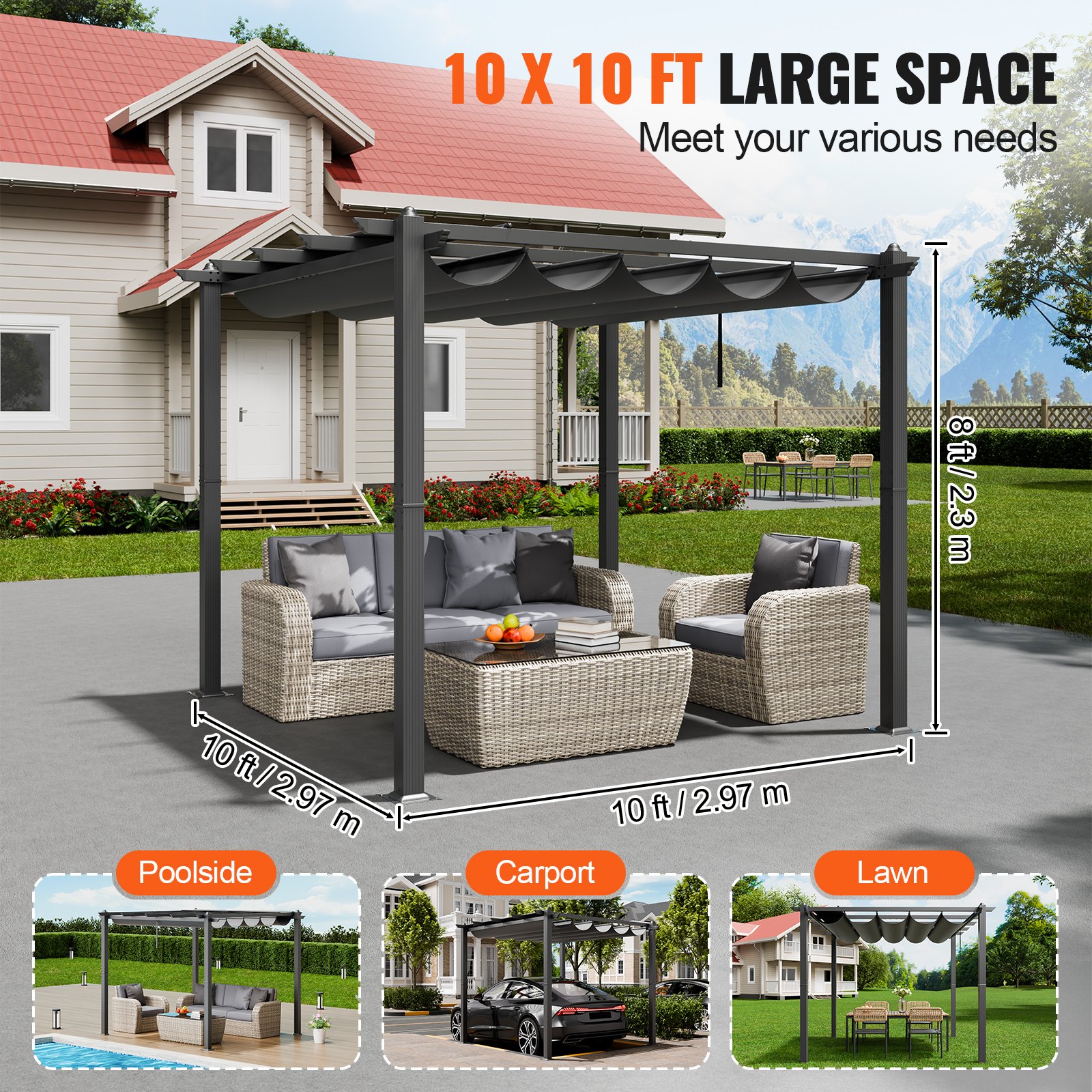 VEVOR 10'x10' Outdoor Retractable Pergola with Canopy, Aluminum Pergola with Retractable Canopy, Modern Pergola with Sun Shade Canopy for Patios, Gardens, Decks, Backyards (Gray)