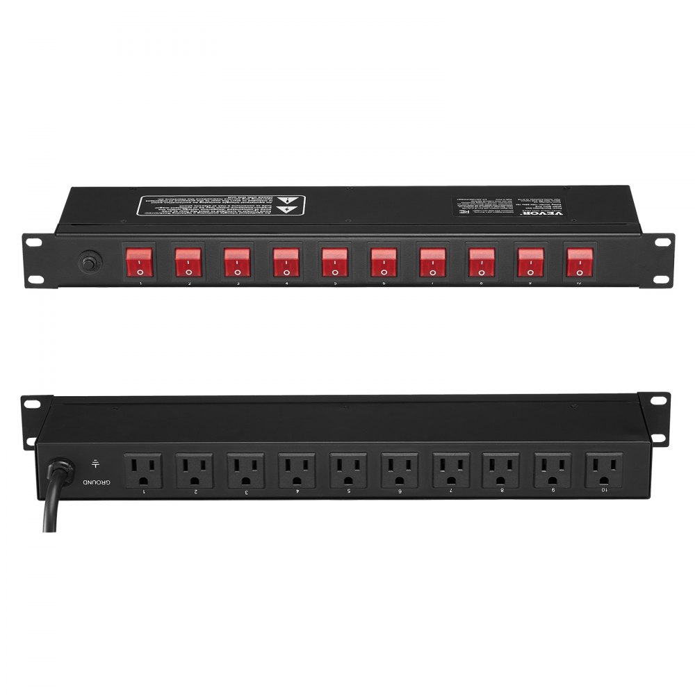 Multiprise VEVOR 19" 1U PDU 10 prises pour montage en rack Protection contre les surtensions et les surcharges