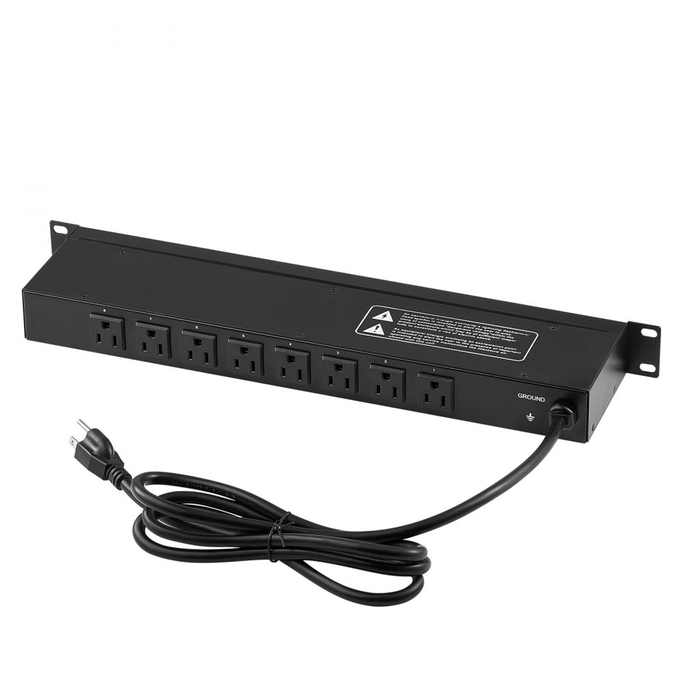 VEVOR 1U PDU, 8 Outlets, Rack Mount Power Strip Fits Standard 19" Server Racks, with Integrated Switch Surge Protection & Overload Protection, 110-125V/15A, Ideal for Home and Office