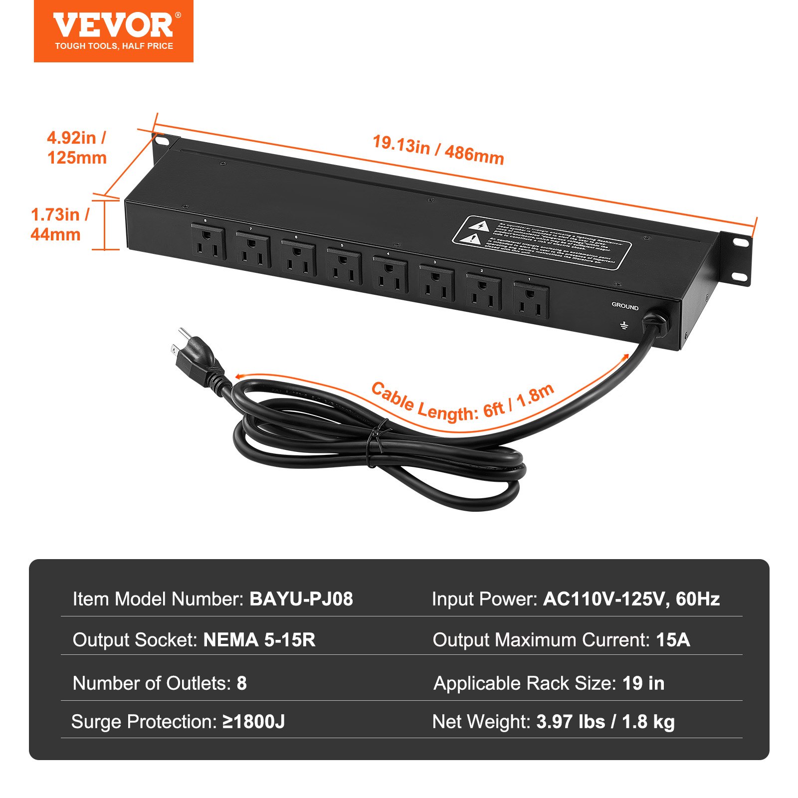 VEVOR 1U PDU, 8 Outlets, Rack Mount Power Strip Fits Standard 19" Server Racks, with Integrated Switch Surge Protection & Overload Protection, 110-125V/15A, Ideal for Home and Office