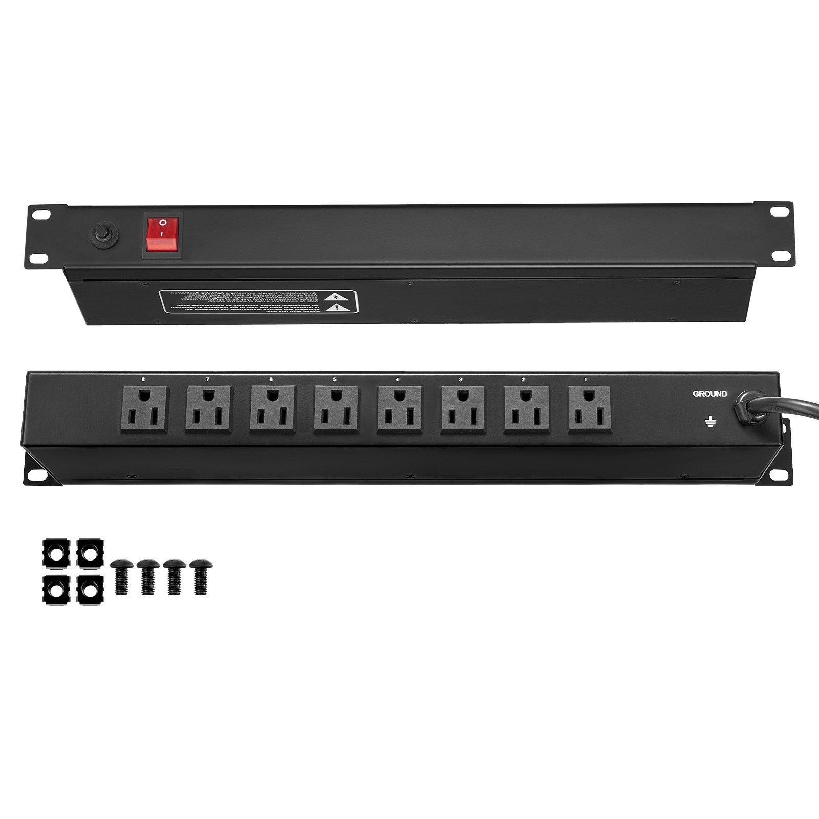 VEVOR 1U PDU, 8 Outlets, Rack Mount Power Strip Fits Standard 19" Server Racks, with Integrated Switch Surge Protection & Overload Protection, 110-125V/15A, Ideal for Home and Office