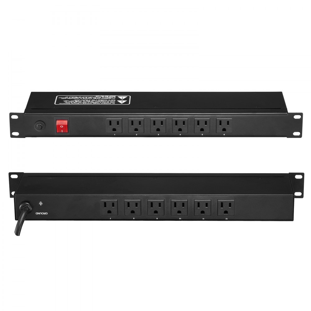 VEVOR 19" 1U PDU 12 Outlets Rack Mount Power Strip Surge Overload Protection