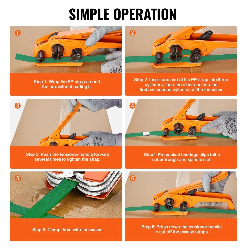 VEVOR banding strapping kit being used for easy and efficient strapping of a cardboard box.