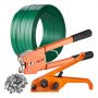 VEVOR banding strapping kit with green strap roll, orange tensioner tool, and metal clips.