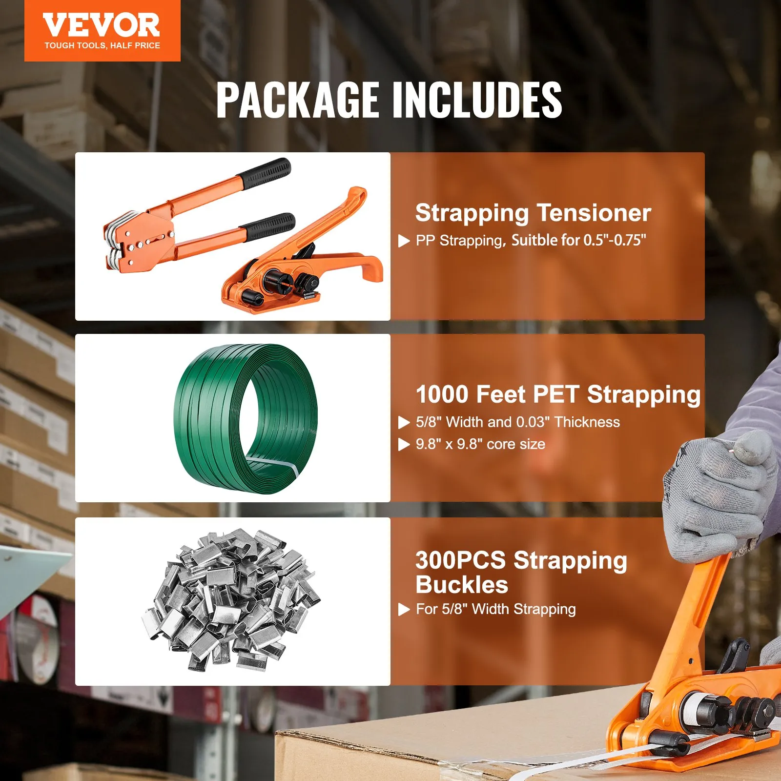 VEVOR banding strapping kit with tensioner, 1000 feet pet strapping, and 300pcs strapping buckles.