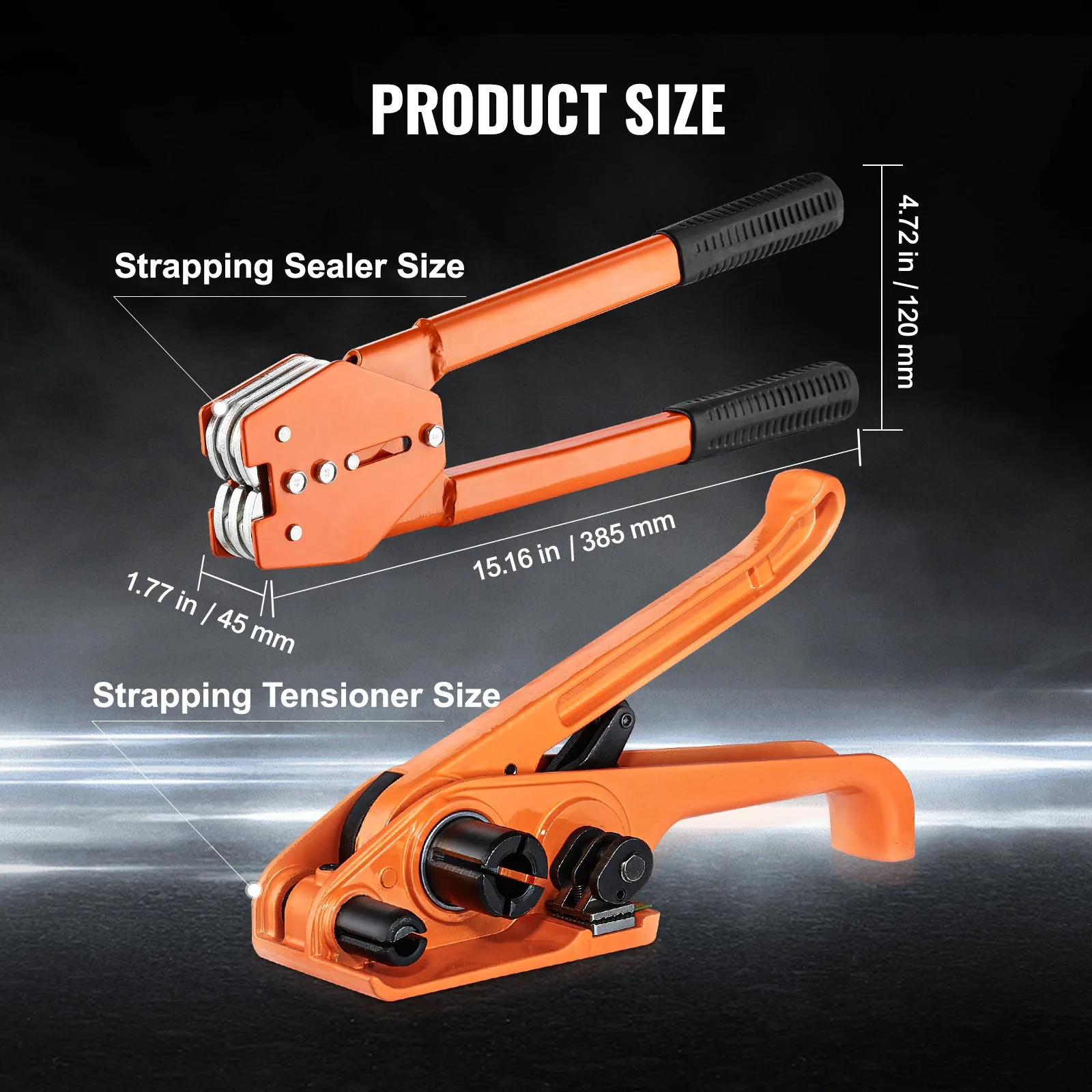 strapping sealer and tensioner with sizes. VEVOR banding strapping kit, industrial tools in orange.