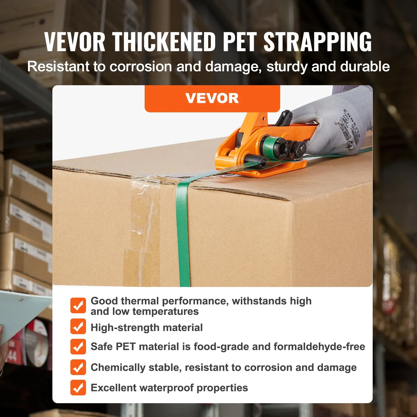 VEVOR banding strapping kit secures a box with thickened pet strapping, highlighting durability and strength.