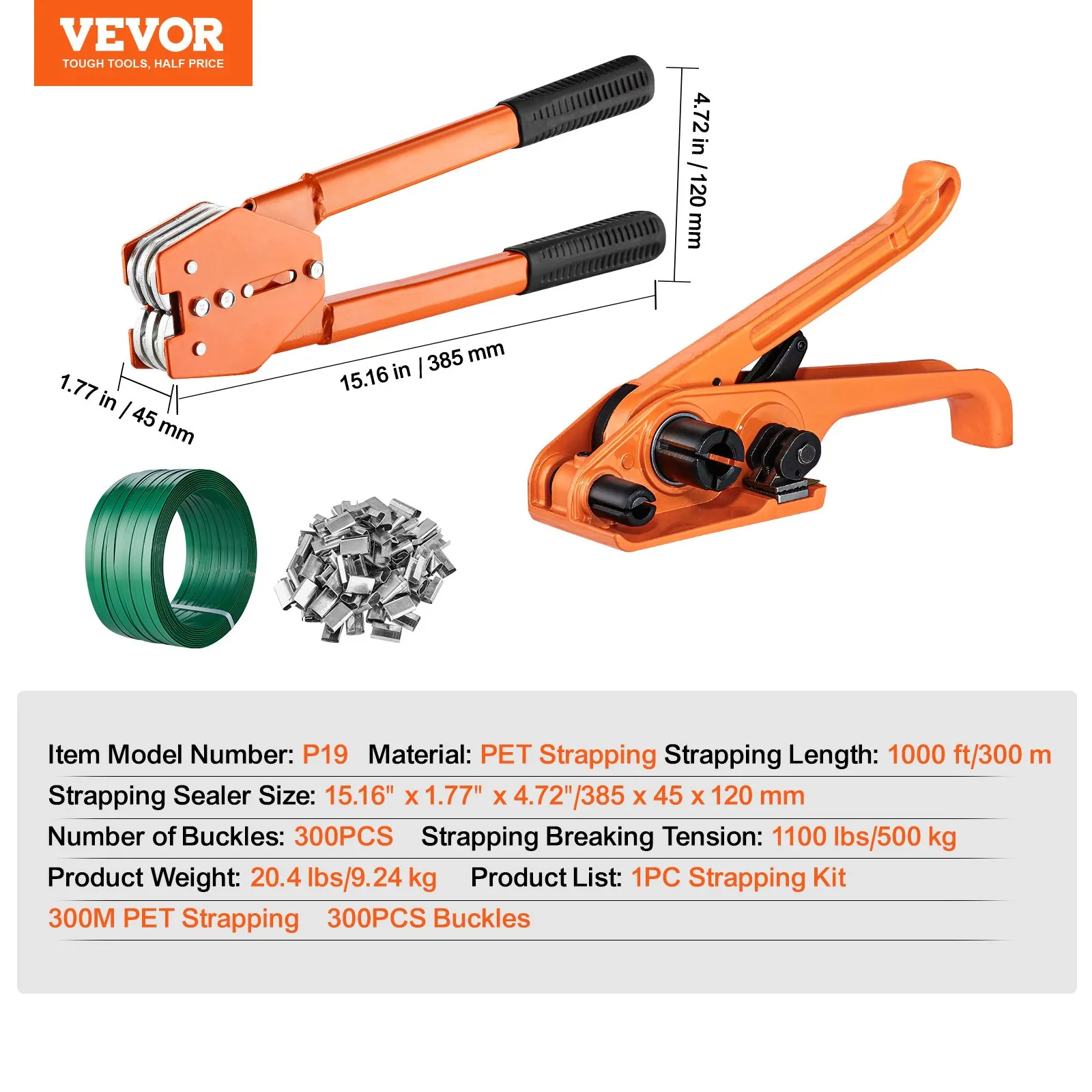 VEVOR banding strapping kit with pet strapping, tensioner, and cutters for industrial packaging.