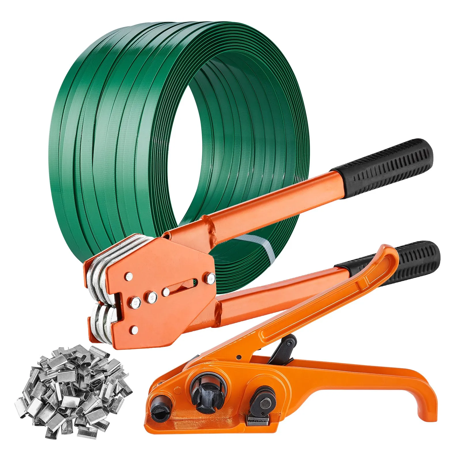 VEVOR banding strapping kit with green strap roll, orange tensioner tool, and metal clips.